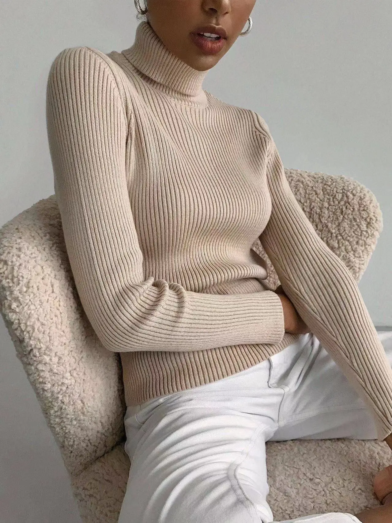 

Autumn and winter sweater Knit rib pullover sweater Long sleeve high neck tight soft warm pullover sweater