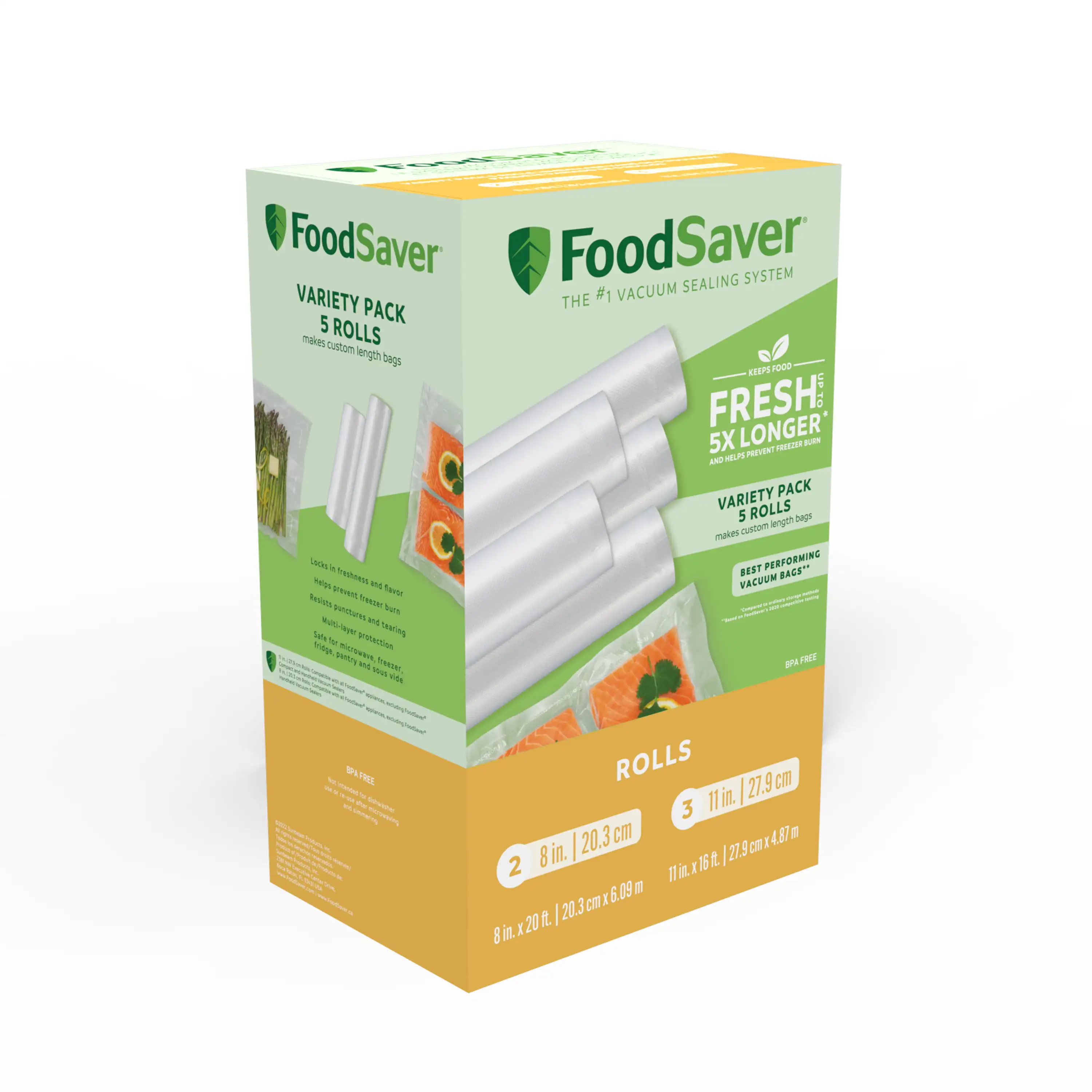 

FoodSaver Vacuum Seal Rolls Multi-Pack, 3 Rolls (11" x 16') and 2 Rolls (8" x 20')