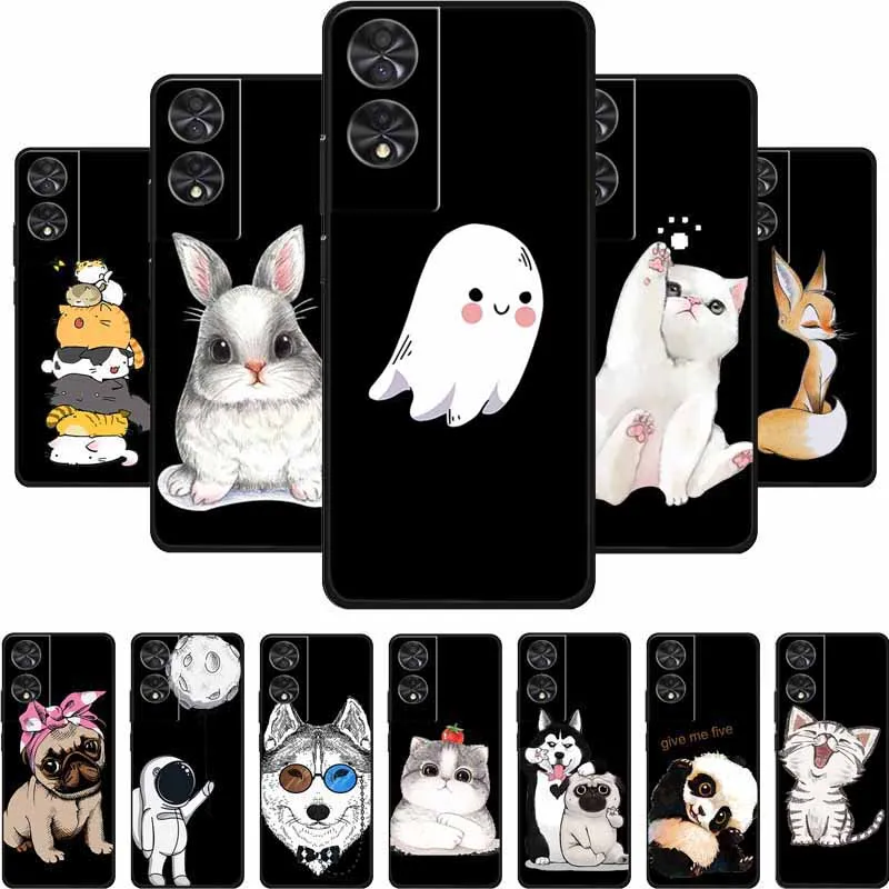 Black Silicone Phone Case with Cartoon Cat Design - Soft Back Cover