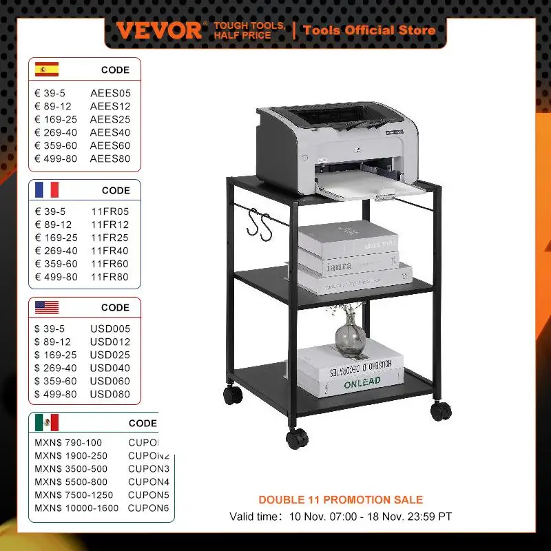 VEVOR 3 Tiers Printer Stand 420 x 350 x 600 mm Rolling Cart with Lockable Casters Waterproof & Sturdy Storage Stand for Office display stand