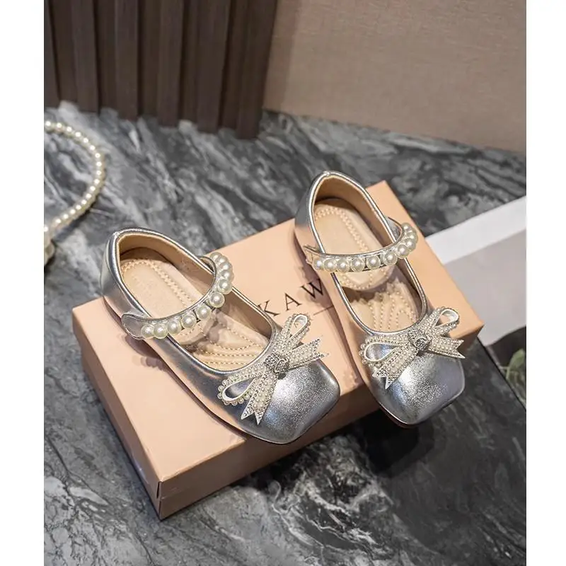 Leather Girls Mary Jane Flats with Shiny Bow for Autumn