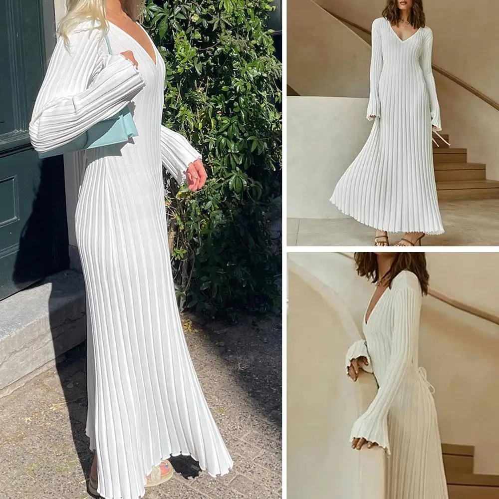 

Casual V-neck Women Knitted Maxi Dress Autumn Elegant Ladies Ribbed 2022 Fashion Sleeve Long Dress Bodycon Dresses Streetwe I8A7