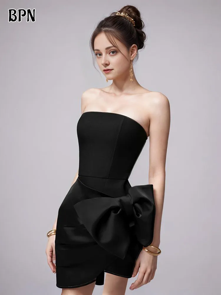 

BPN Elegant Party Dresses For Women Strapless High Waist Solid Slimming Patchwork Bowknot Temperamnet Mini Dress Female Clothing