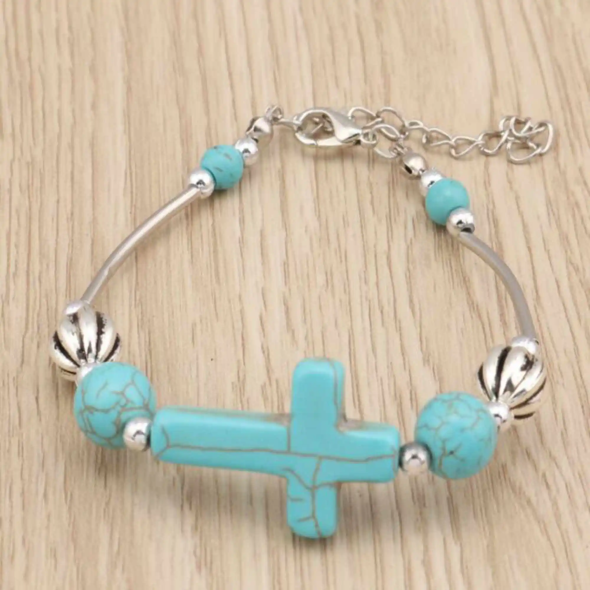 

Personality Tibetan Silver Bangle Turquoise Cross Chain Bracelet Custom Classic Charm Fabric Beaded Wear Chain