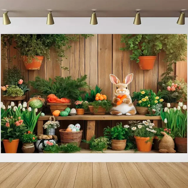 Sfondo Fotografico Pasquale 2,1x1,5 M - Design Floreale Con Coniglietto Per Baby Shower E Feste | Lavabile E Pieghevole