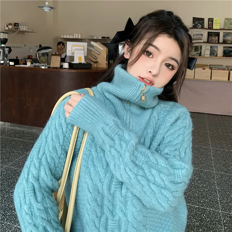 Thicken Turtleneck Sweater 2022 Women Fall/winter Loose Zipper Knit Wool Sweaters Solid Warm Female Pullover Tops Trend long cardigan Sweaters