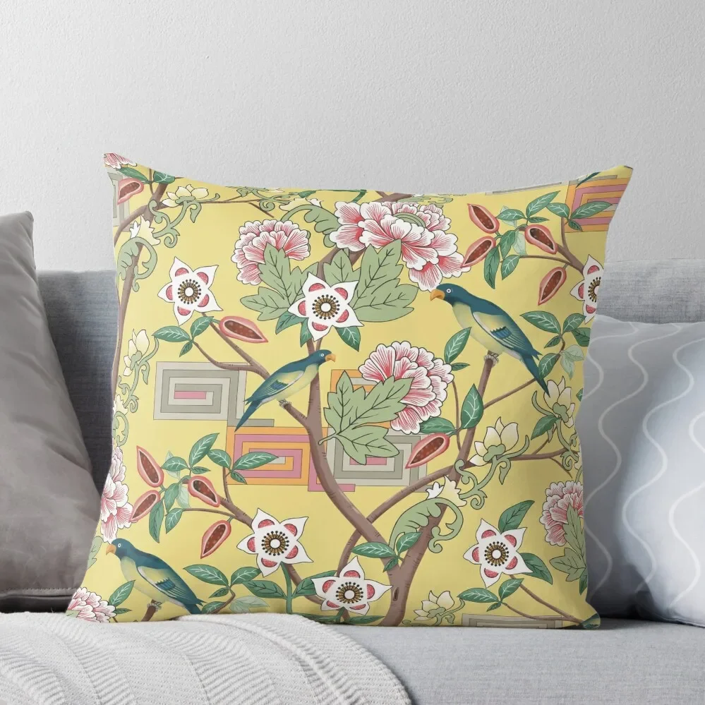 

Parrots and Peonies Chinoiserie on Butter Yellow Throw Pillow Pillowcase ornamental pillows for living room