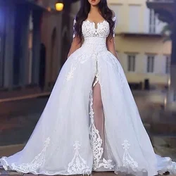 Elegant fashion Princess A Line luxury Wedding dress Sexy V-neck side slit floor-length romantic beach bridal party dress