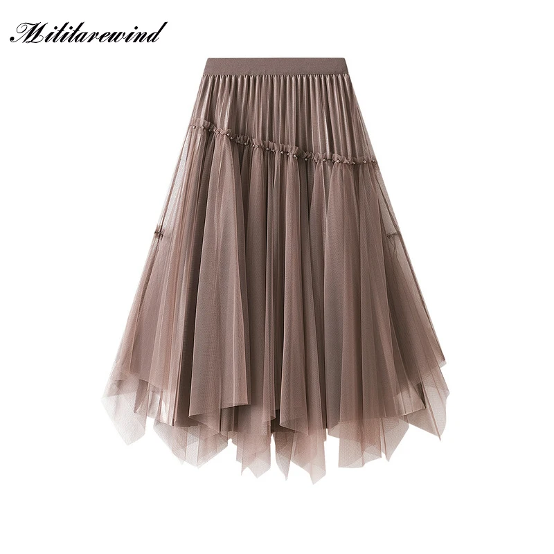 

2023 Spring Summer Irregular Skirts for Women Diamond Mesh High Waist Eleagnt Lace Loose Casual Streetwear Asymmetrical Skirts