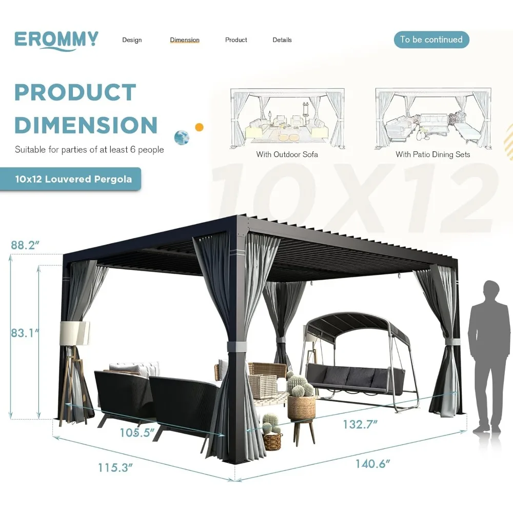 10x12FT Louvered Pergola Outdoor Sun Shade Shelter with Aluminum Frame and Adjustable Metal Rainproof Roof, Gazebos 2