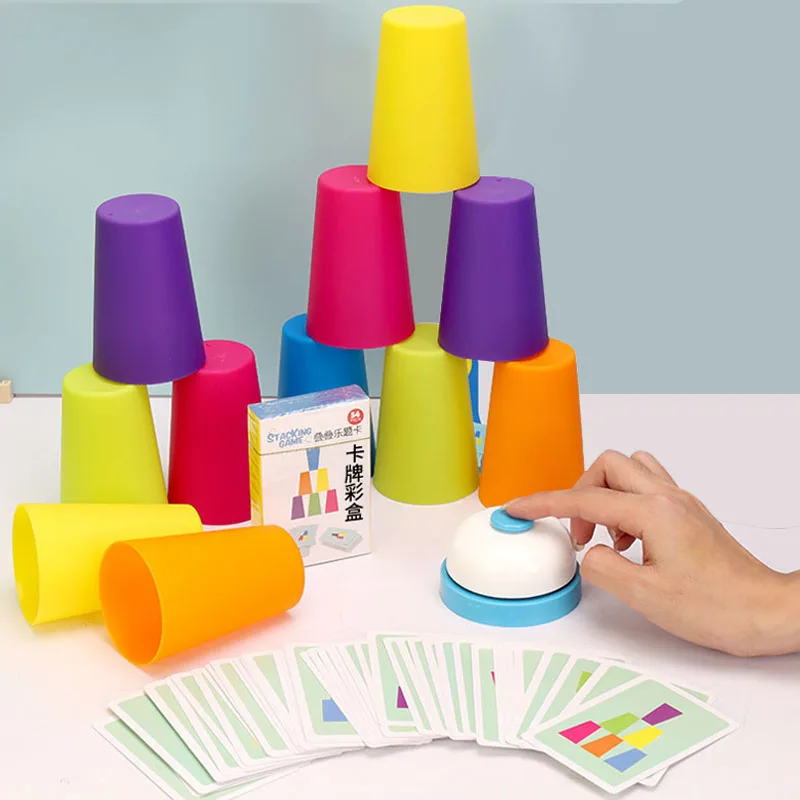 Kids Montessori Toys Stack Cup Versus Table Game with Card Educational Intellectual Enlightenment Color Cognition Logic Training