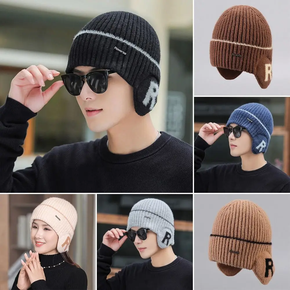 

With Earflap Beanies Hats Cold Protection Cold-proof Plush Lined Ear Protection Hats Knitted Cap Winter Warm