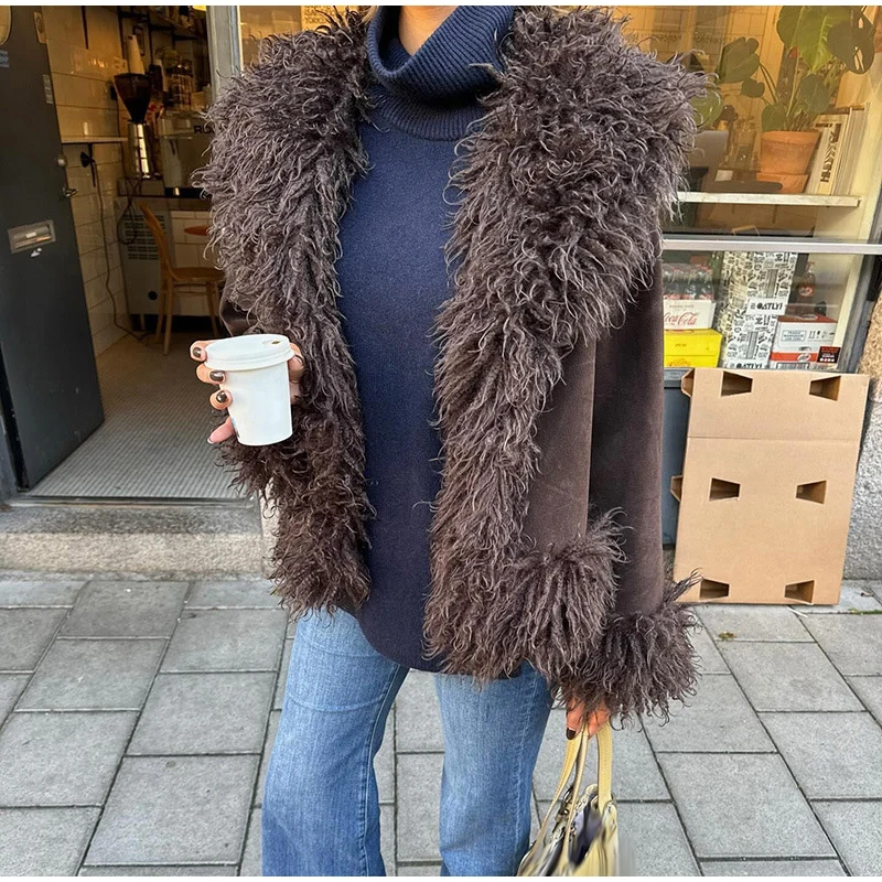 Plüsch Faux Pelze frauen Mäntel Elegante Pelz Revers Volle Hülse Verdicken Mantel Weibliche 2025, Herbst Winter Mode Warme dame Streetwear – Detail 4