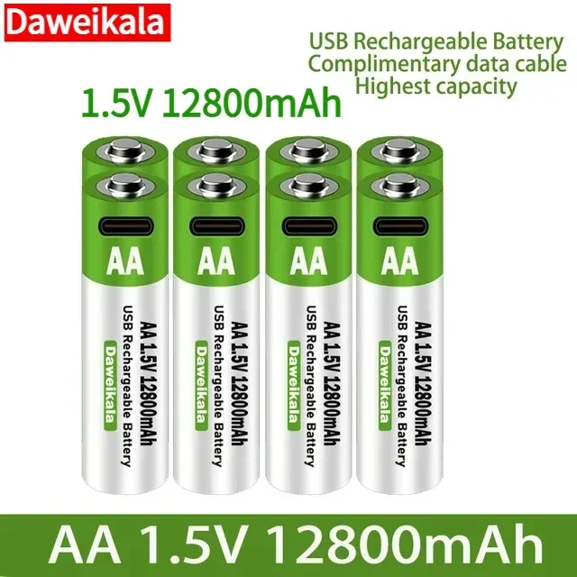 New AA 1.5V USB 12800mAh High capacity Rechargeable Li-ion Battery for Remote Control Mouse Electric Toy Battery+Type-C Cable 1