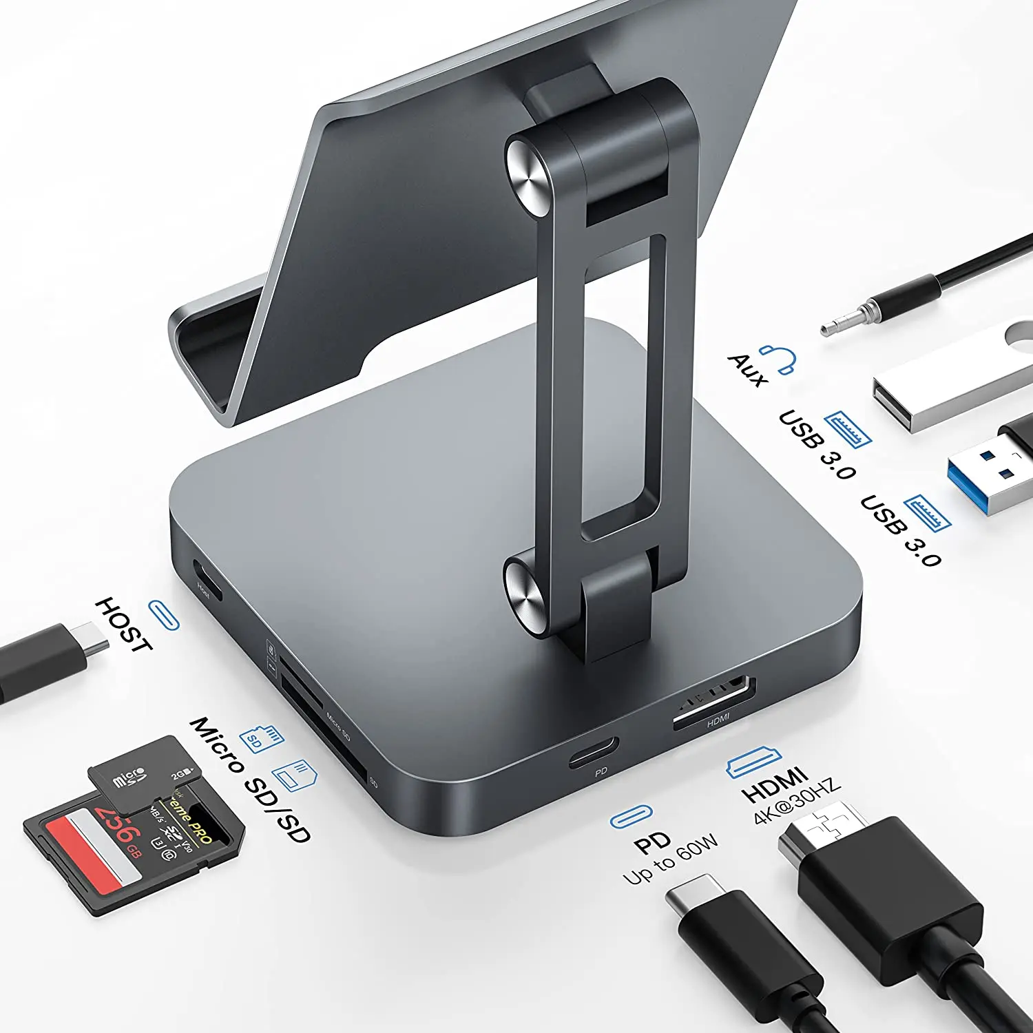 7 in 1 USB C Hub Stand Multiport Adapter with 4K@30Hz HDMI 60W PD