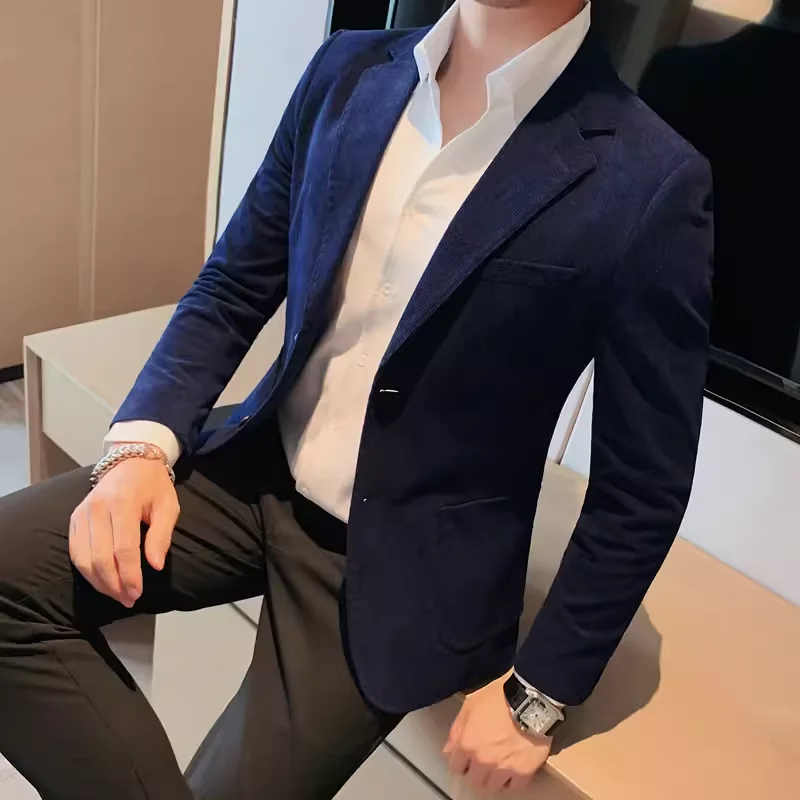Slim Fit Striped Corduroy Suit Jacket for Men Fashionable Casual Business High Quality Handsome All Match Small Suit