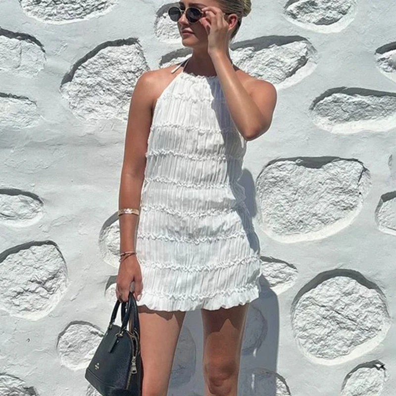 Backless Folds Halter Short Dresses For Women Elegant Sexy Backless Beach Party Mini Dress Lace Up Female Bodycon Clothes 1 Backless Folds Halter Short Dresses For Women Elegant Sexy Backless Beach Party Mini Dress Lace Up Female Bodycon Clothes