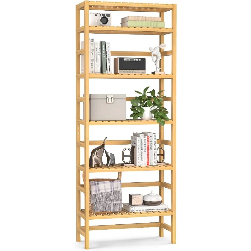 

Homykic Bookshelf, 6-Tier Bamboo Adjustable 63.4” Tall Bookcase Book Shelf Organizer, Free Standing Storage Shelving Unit
