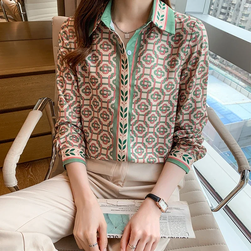 

Summer Shirt Women Blouse Long Sleeve Top Printing Casual Loose Lapel Chiffon Korean Fashion Houthion