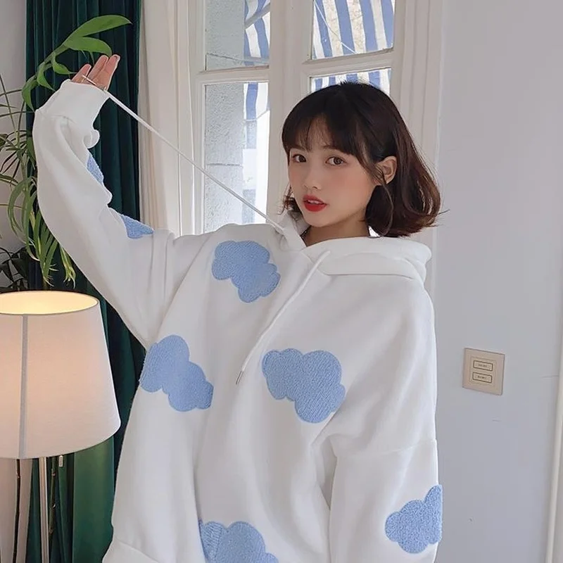 

2021 Fashion Women Winter Korean Sweatshirt Clouds Pullover Women Plus Velvet Warm Long Sleeve Tops Casual Hoodies Kawaii Female