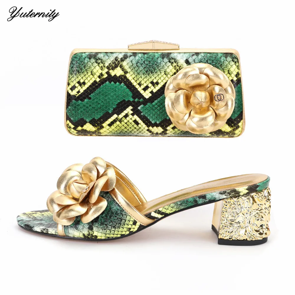 

Hot Sale Italian PU With Flower Ladies Slipper Shoes And Bags Set African Style Women Pumps Shoes And Bag Set For Party