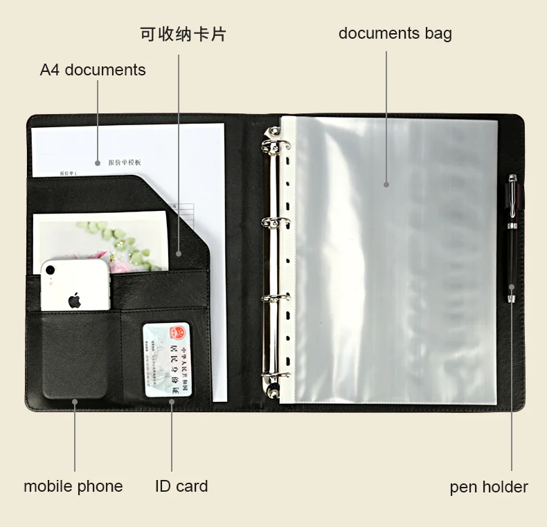 Cartella Portadocumenti In Similpelle PU - Con Anelli, Zip E Tascabili, Per Riunioni E Ufficio, Bianco