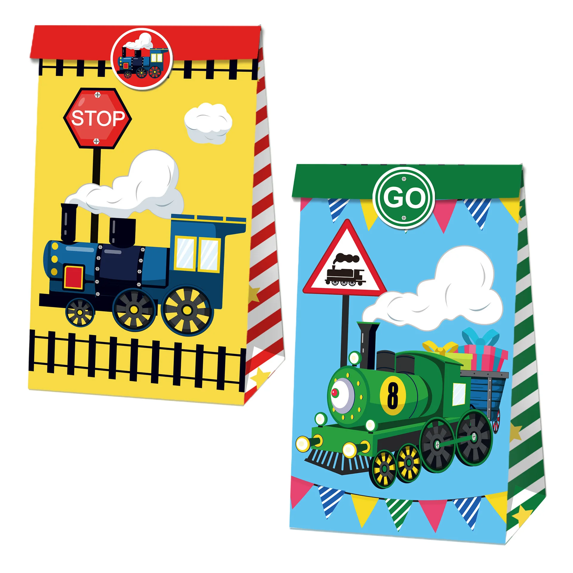 

6pcs Cute Train Birthday Gift Bags for Kids Party Supplies Railway Rail Transportation Theme Party Treat Goody Bag with Stickers