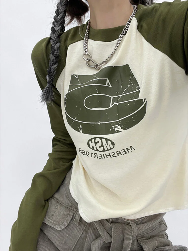 

Vintage Y2K Patchwork Green Tshirts Women Hippie Streetwear Long Sleeve T Shirts Female Kpop Retro Autumn Crop Tops
