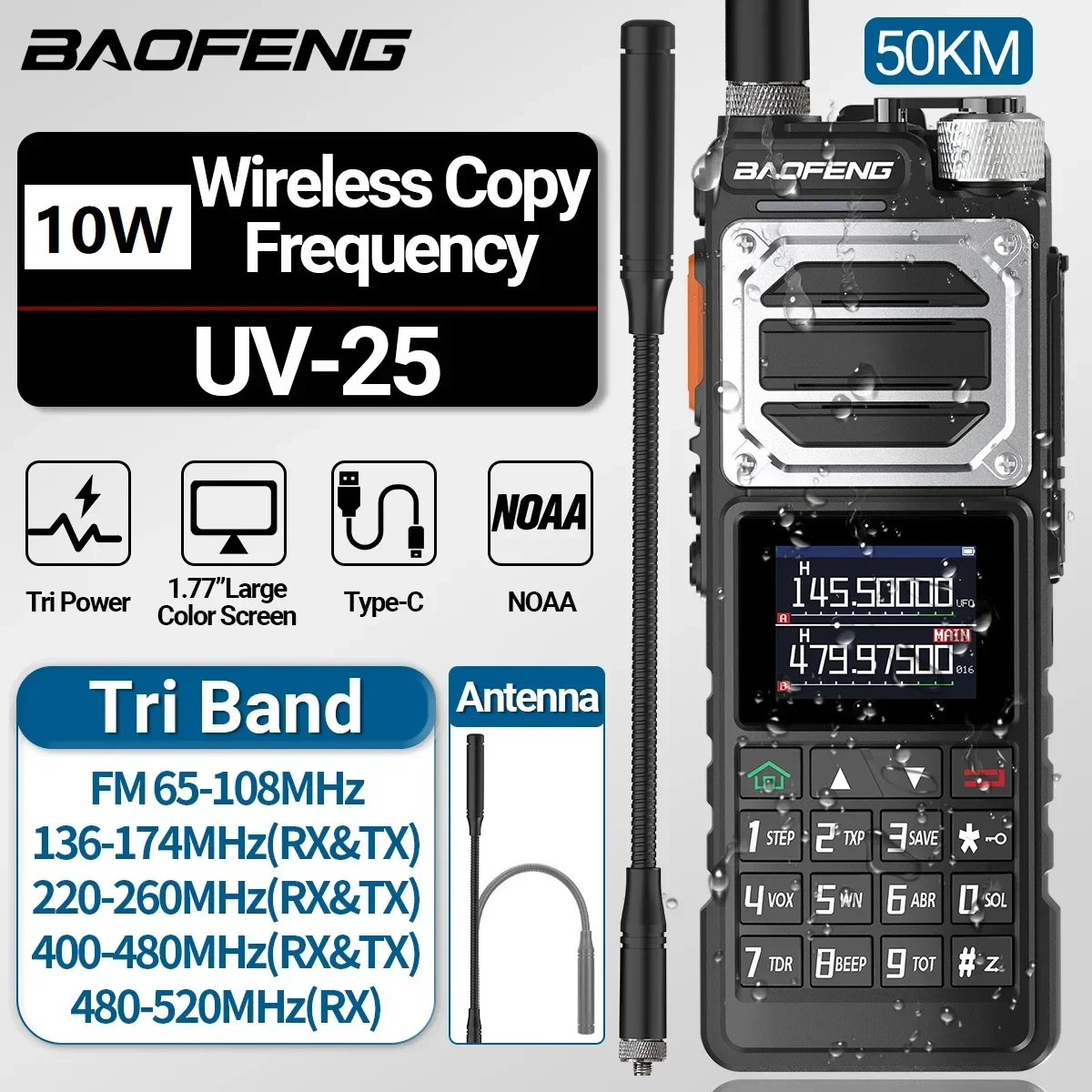 

Baofeng UV-25 10W Walkie Talkie Tri Band Wireless Copy Frequency NOAA Type-C Charger FM Long Range High Power Ham Two Way Radio