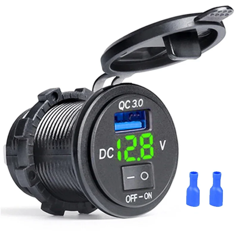 QC3.0 Quick Car Charger Socket with On/Off Switch 12V/24V Waterproof Car Power Outlet Socket for Motorcycle Marine Boat RV ATV