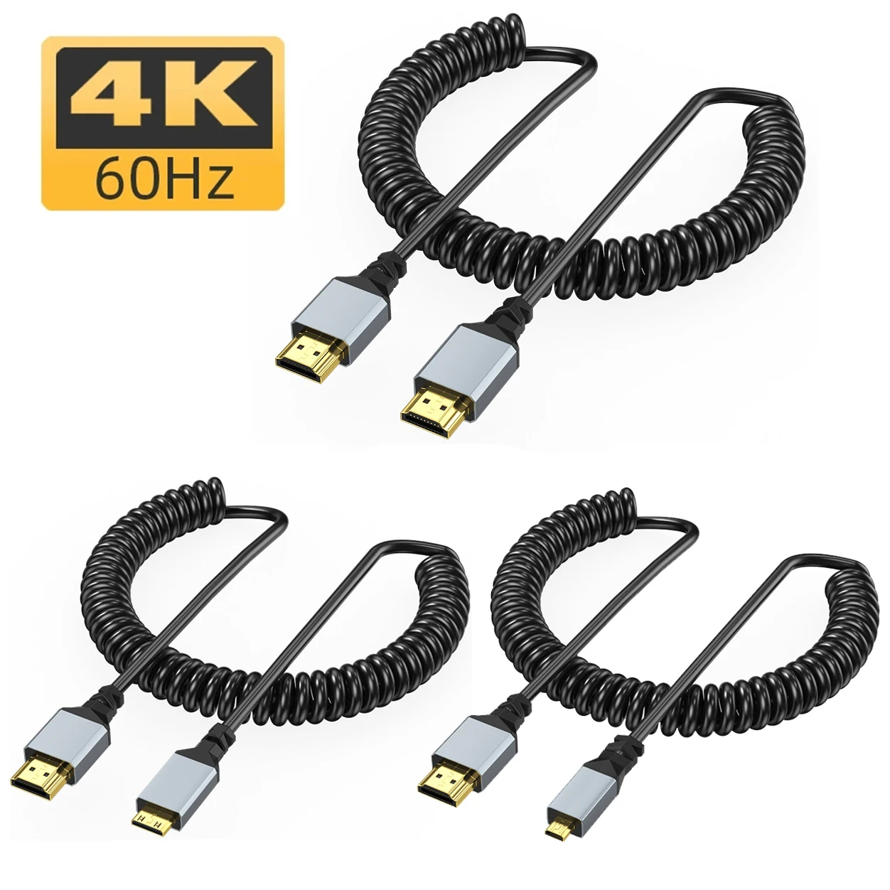 

4K 2.0 Standard HD To Mini-HD Micro-HD Flexible Cord Coiled Spring Extension Cable for PC Camera Camcorder Tablet HDTV Monitor
