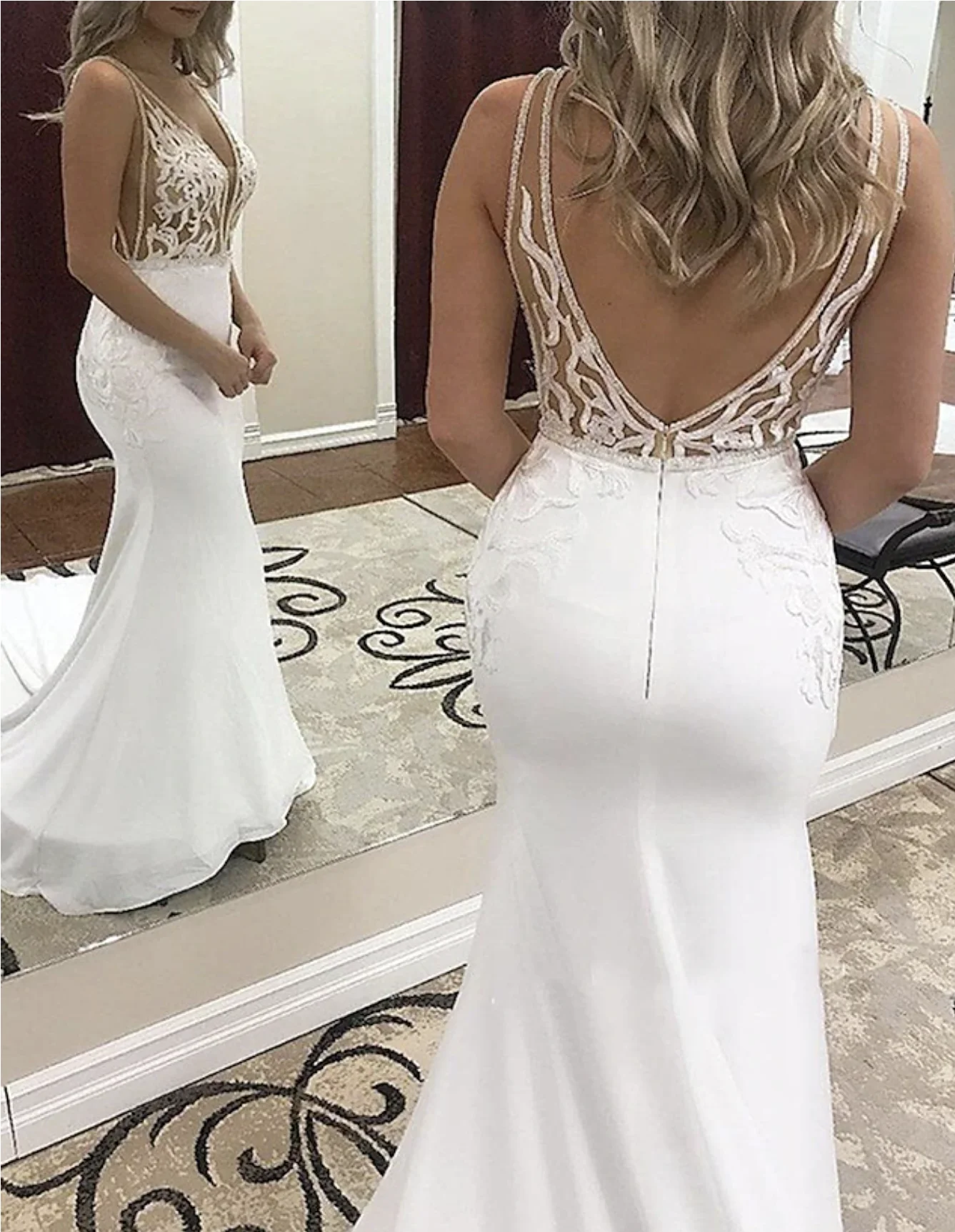 

Beach Wedding Dresses Mermaid / Trumpet V Neck Sleeveless Sweep / Brush Train Lace Bridal Gowns With Crystals Appliques 2024