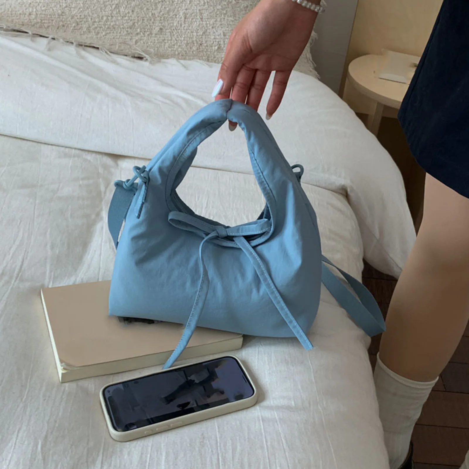 Women Nylon Bow Hobo Handbag W/ Adjustable Shoulder Strap Top Handle Bag for Travel Shopping Daily Use