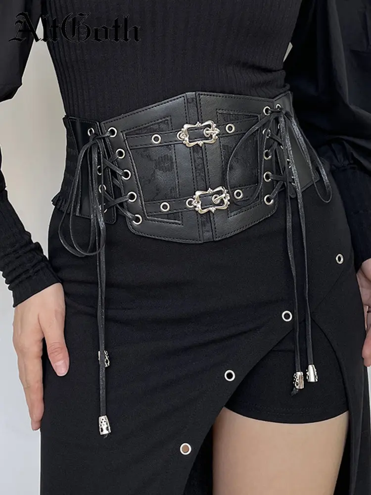 AltGoth Y2k Vintage Black Corset Belt Women Streetwear Cyberpunk Fairycore  Grunge Emo Wlastic Leather Bandage Cummberbund Female