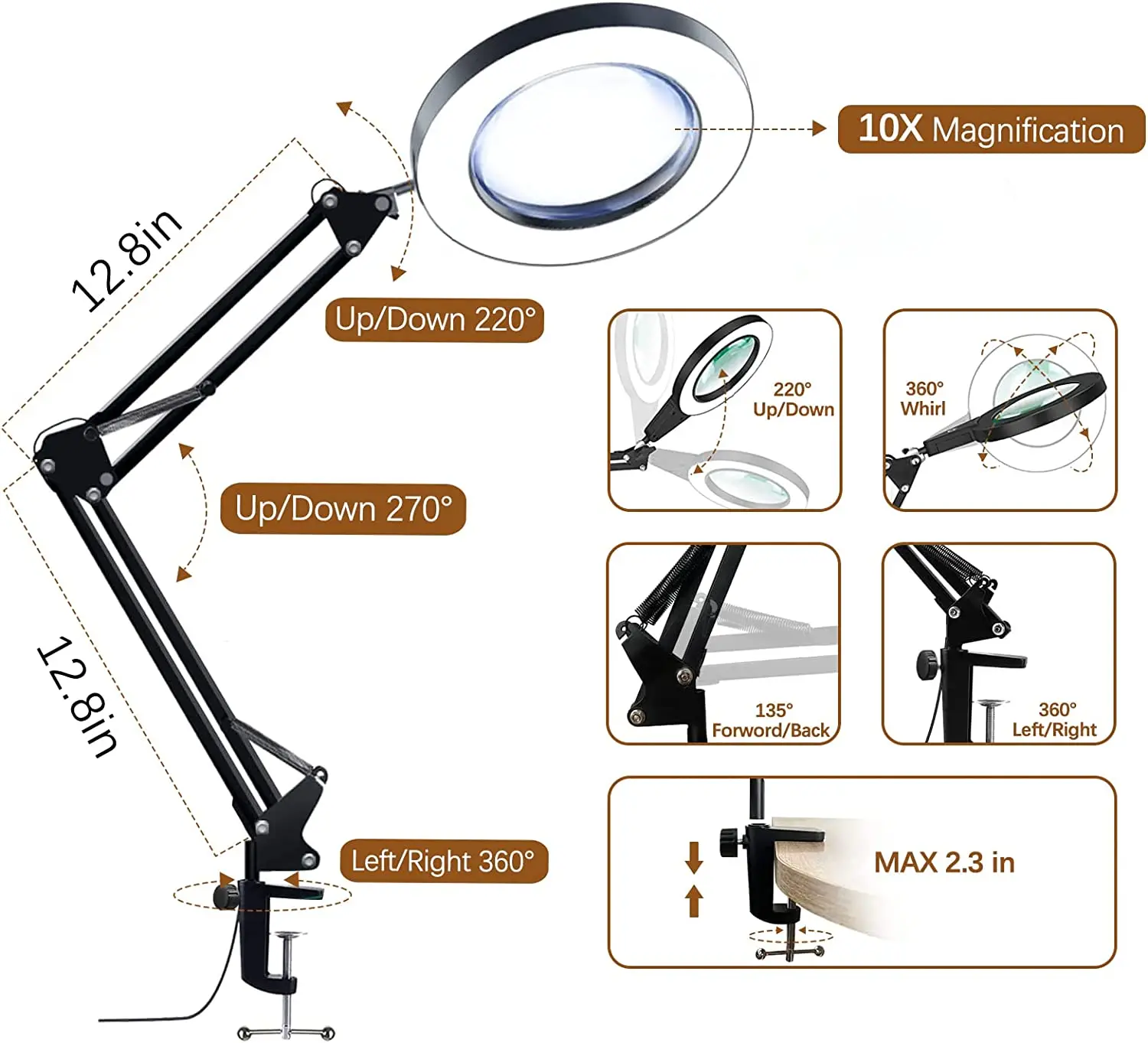Magnifying glass lamp 10X Magnifying Glass with Light 3 Color 72 LEDs for Close Work Repair Reading Craft