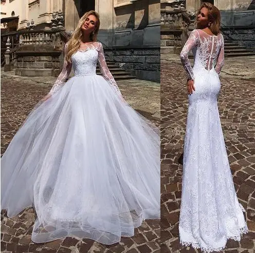 

Charming Two Pieces 2 In 1 Wedding Dresses With Lace Appliques Mermaid Bridal Dress with Detachable Skirt