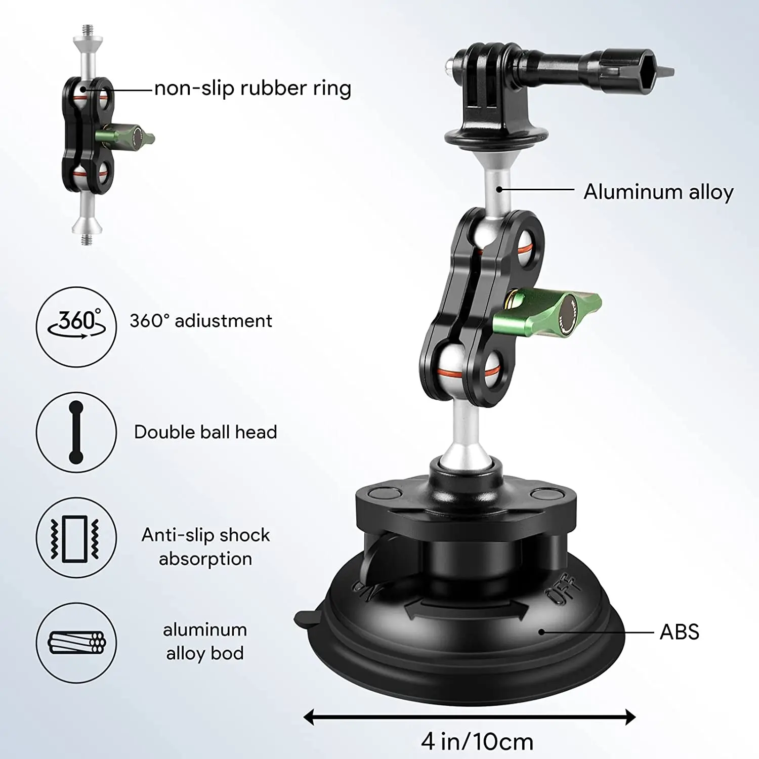 REYGEAK Heavy Duty Suction Cup Mount with 360° Ballhead Magic Arm Double Ball Head Adapter for GoPro Insta360 DSLR Cameras