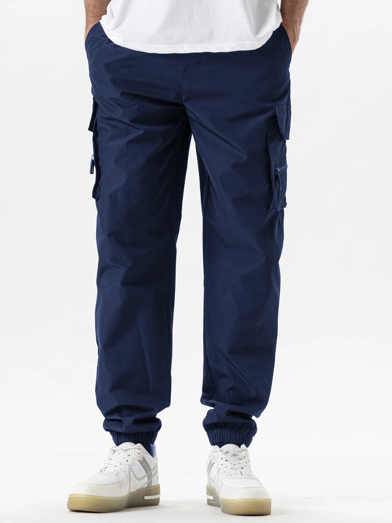 Multi Pockets Solid Color Casual Cargo Pants Mid-Rise Elastic Waistband Drawstring Shrinkable Cuffs Men Sweatpants 4