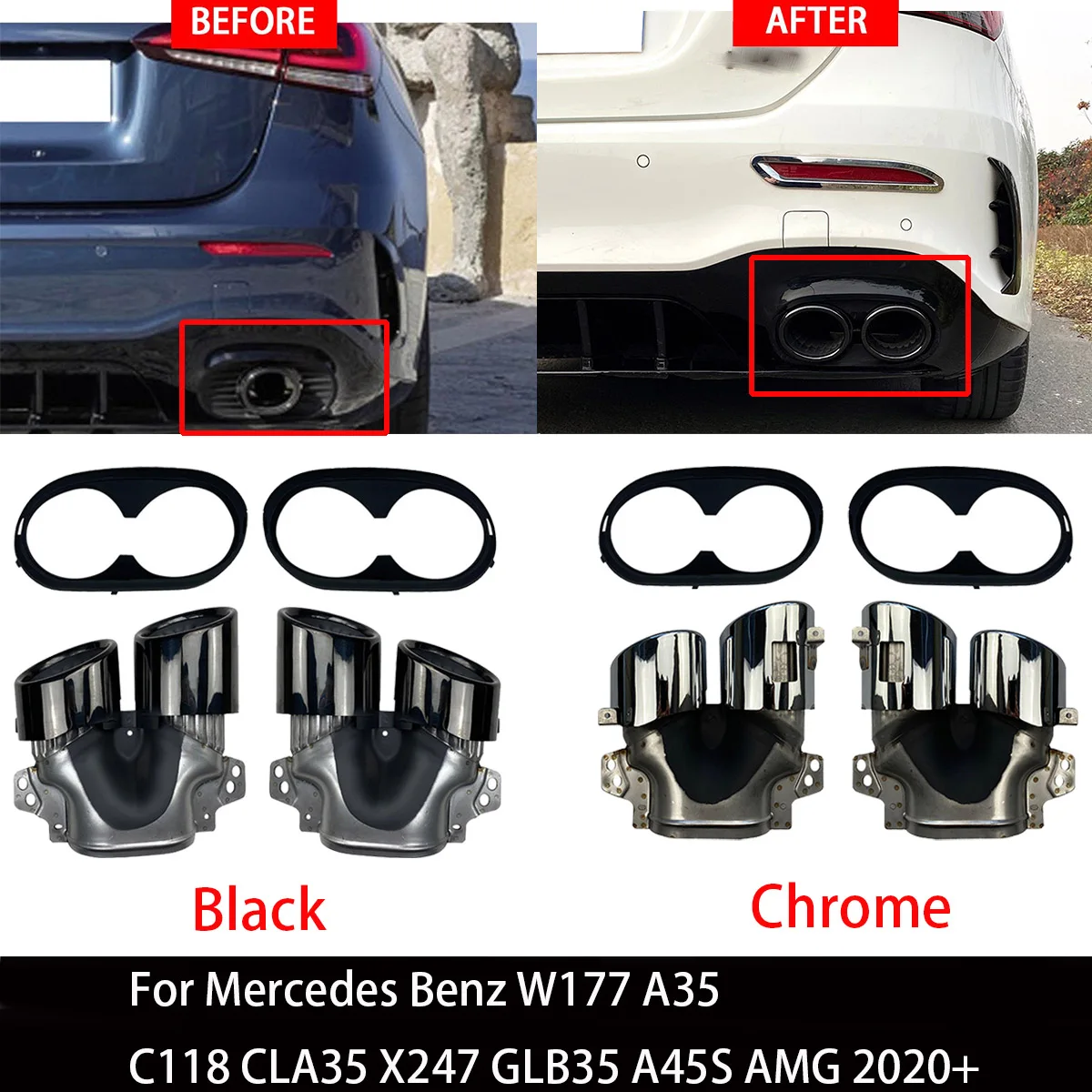 

2 Pcs/Set 4 Exits Stainless Steel Car Exhaust Muffler Pipes Tail Tube For Mercedes Benz W177 A35 C118 CLA35 X247 GLB35 AMG 2020+