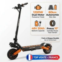 Trottinette Électrique Adulte 1200W, 60km Autonomie, Batterie 48V 20Ah, Pliable, Pneus 10", Frein à Disque, 25 km/h 1