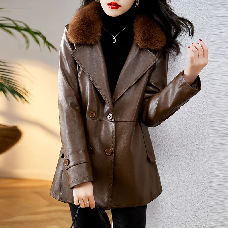 

New Autumn Winter Oversized Pu Leather Jacket Women with Faux Fur Collar Warm Soft Thickened Lined Coat Long Sleeve Jackets