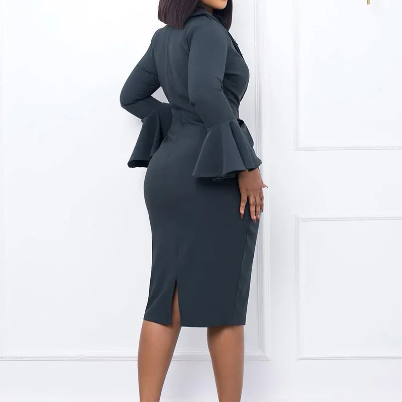 Temperament V-Neck Three-dimensional Decoration Flare Long Sleeve Slim Pencil Skirt Elegant Bag Hip Split Solid Plus Size Dress