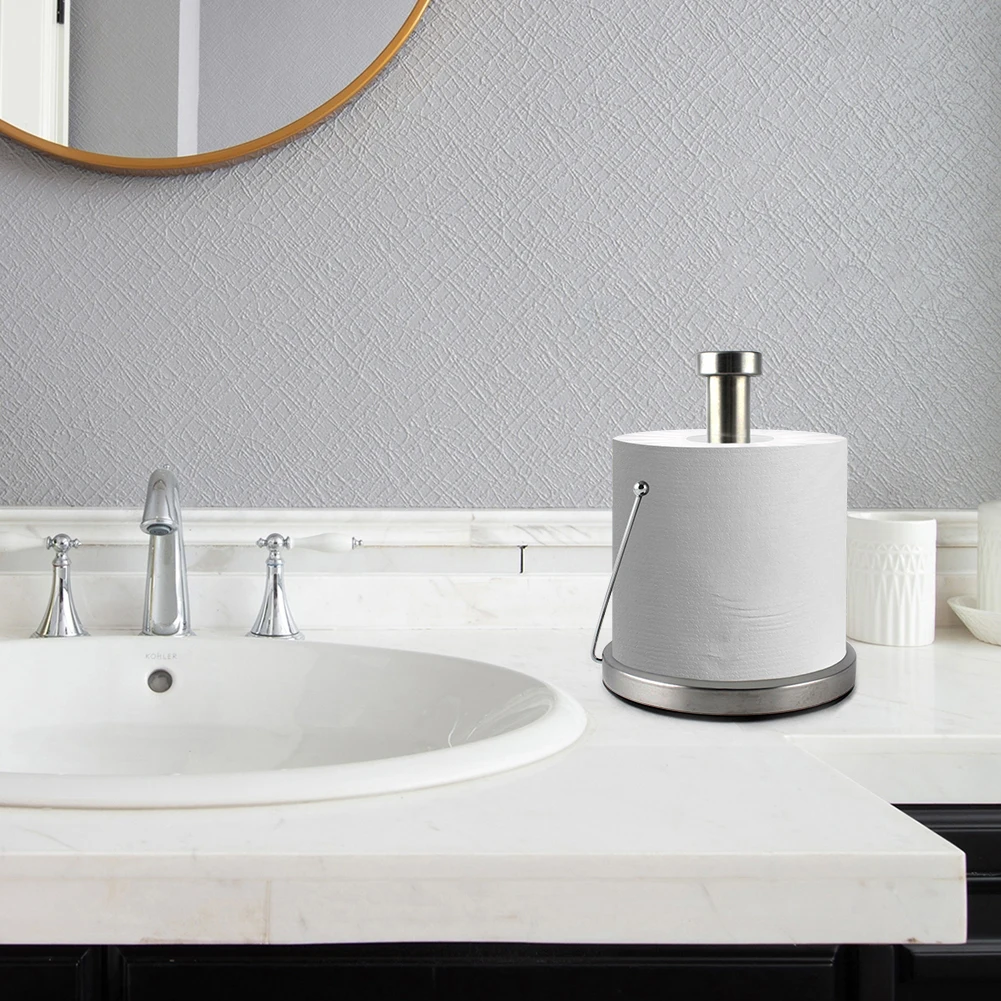 Silver Roll Holder with Round Base Standing Toilet Paper Holder Stainless Steel Roll Paper Towel Rack for Home Table Decor