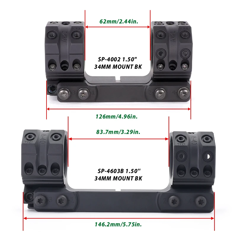 Tactical 34mm 6MIL/20.6MOA 1.5" Picatinny Scope Mount for Scopes 38mm Height SP-4603B