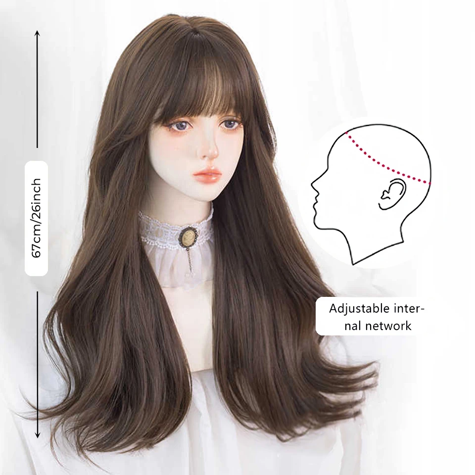 Brown Synthetic Long Deep Wave Wig For Women With Bangs