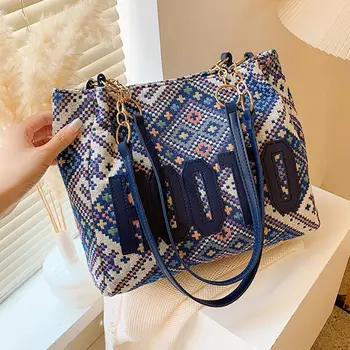 حقيبة حمل قماشية عصرية على الطراز العرقي، حقيبة يد ذات سعة كبيرة، حقائب كتف أنيقة لحجب الألوان للاستخدام اليومي للنساء 2