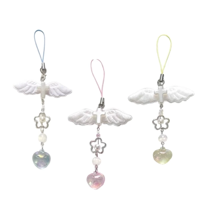 

652F Fashionable Phone Case String Stylish Keychain Lanyard Fashion Bag Accessory Deliacte Heart Wing Phone Charm for Bag Key