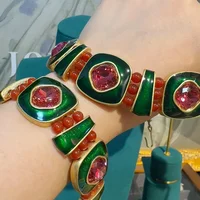 Vintage Green Enamel & Pink Crystal Charm Bracelet for Women - Image 5