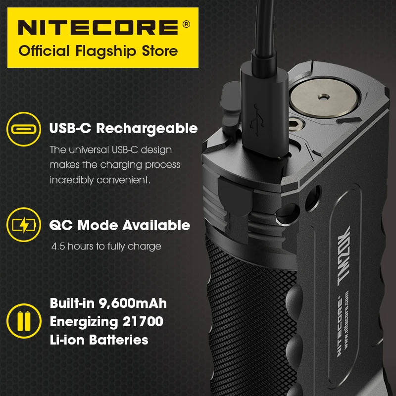 NITECORE 강력한 USB 충전식 전술 손전등, 슈퍼 브라이트, QC 고속 충전 LED 서치라이트, 내장 21700 배터리, TM20K