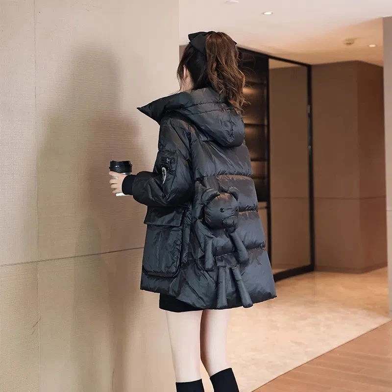 

Hooded Down Coats Women Fashion Design Female Puffer Jacket Winter Warm Vintage Korea Elegant Mid-length Outerwear Loose Casual